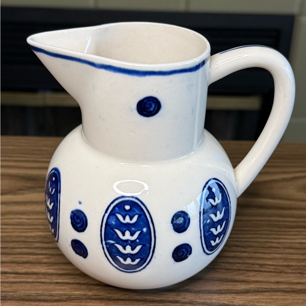 Vintage Hinode Japan Blue & White Pottery Pitcher
